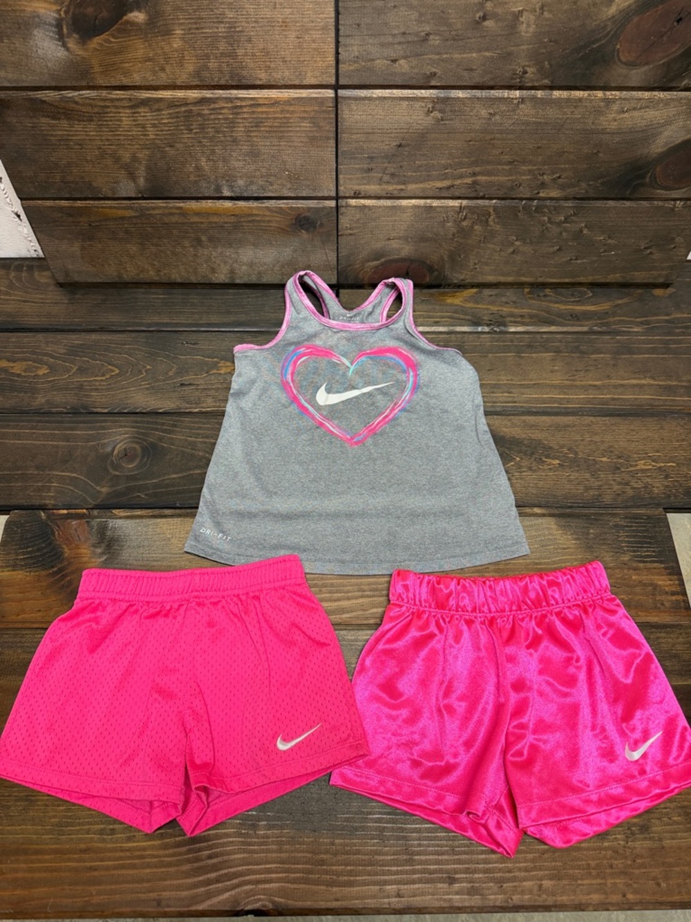 Nike Girls Grey Tank with Pink Heart and Bright Pink Shorts Set